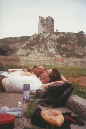 Quality time in Shile. The three of us - me, Oleg, and Brandt were first-class sleepers, exhausted most of the time from trying to keep up with Doug and Alex. Note the staple of our existence, loaves of bread, which we would chow on all day long while riding.